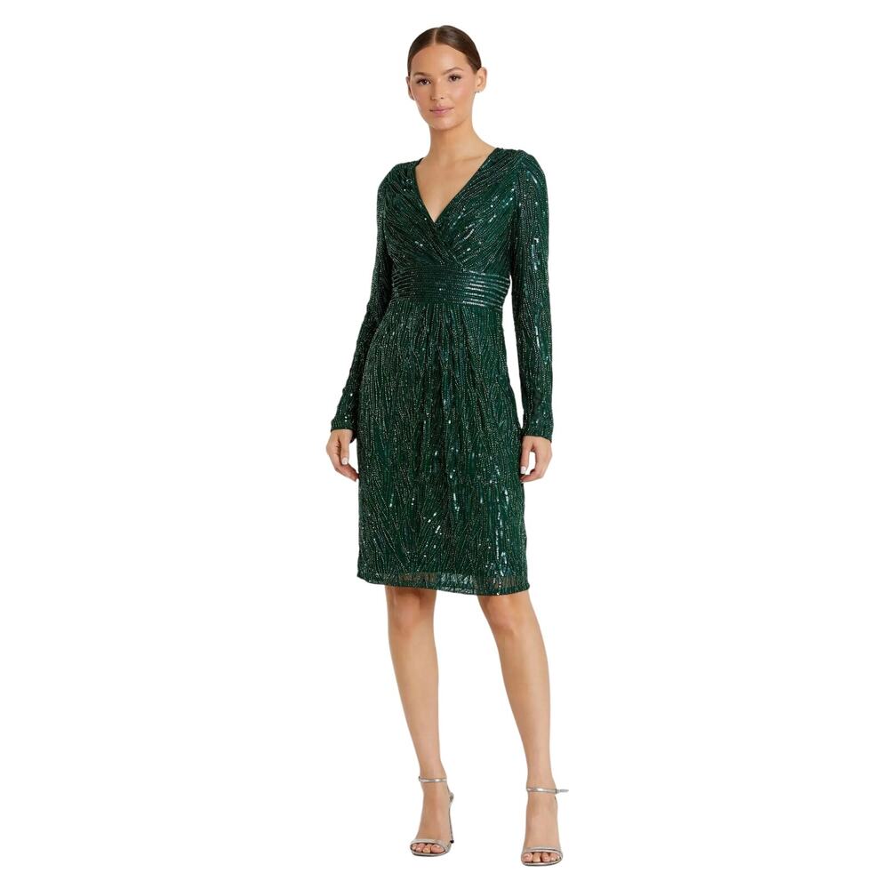 NWT Mac Duggal Green Long Sleeve Embellished Sequin Cocktail Dress, 10
